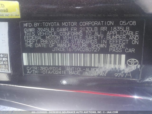 JTKDE167590280727 - 2009 TOYOTA SCION TC 紫色 照片 9