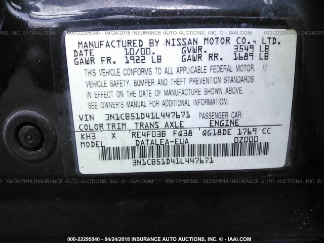 3N1CB51D41L447671 - 2001 NISSAN SENTRA XE/GXE BLACK photo 9