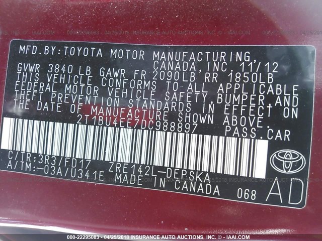2T1BU4EE7DC988897 - 2013 TOYOTA COROLLA S/LE RED photo 9