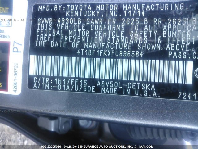 4T1BF1FKXFU896584 - 2015 TOYOTA CAMRY LE/XLE/SE/XSE GRAY photo 9
