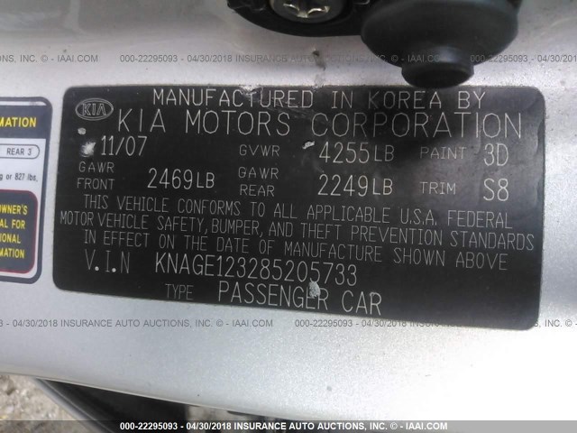 KNAGE123285205733 - 2008 KIA OPTIMA LX/EX SILVER photo 9