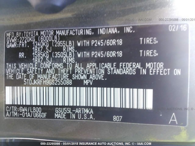 5TDJKRFH9GS255088 - 2016 TOYOTA HIGHLANDER XLE მწვანე ფოტო 9