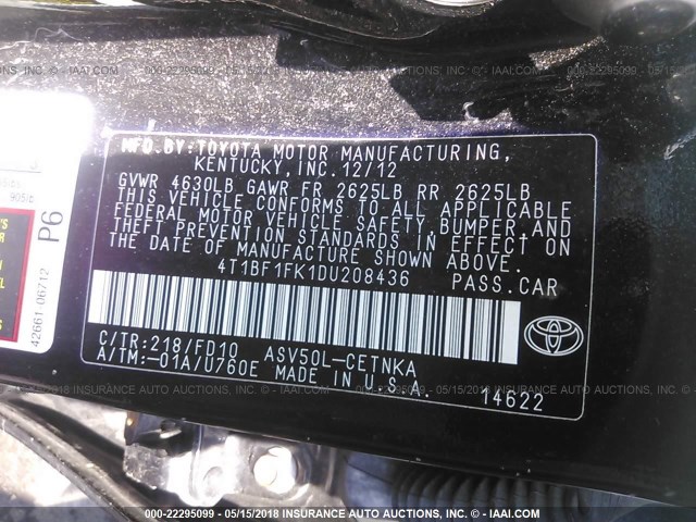 4T1BF1FK1DU208436 - 2013 TOYOTA CAMRY L/SE/LE/XLE 黑色 照片 9