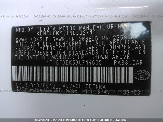 4T1BF3EK5BU714605 - 2011 TOYOTA CAMRY SE/LE/XLE WHITE photo 9