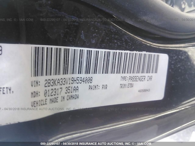 2B3KA33V19H594008 - 2009 DODGE CHARGER SXT BLACK photo 9