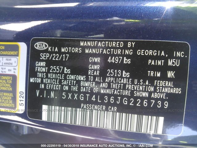 5XXGT4L36JG226739 - 2018 KIA OPTIMA LX/S BLUE photo 9