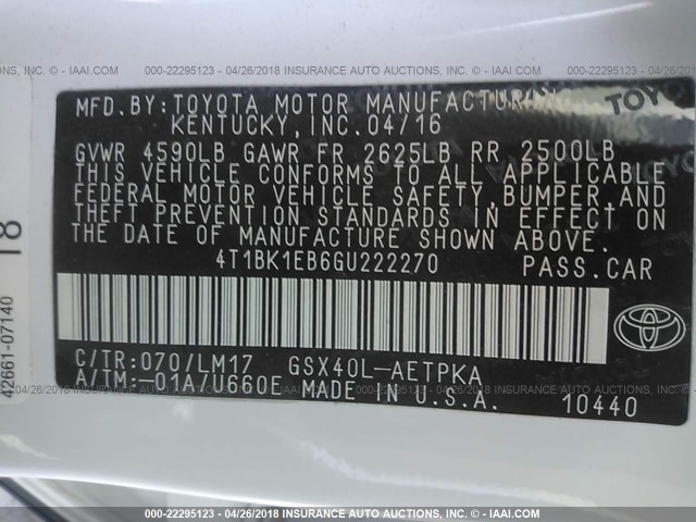 4T1BK1EB6GU222270 - 2016 TOYOTA AVALON XLE PLUS/PREMIUM/TOUR/LTD WHITE photo 9