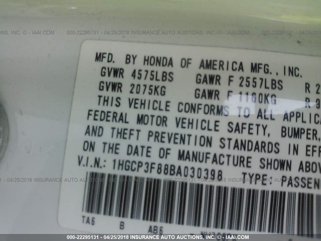 1HGCP3F88BA030398 - 2011 HONDA ACCORD EXL WHITE photo 9