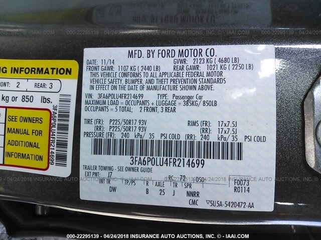 3FA6P0LU4FR214699 - 2015 FORD FUSION SE HYBRID GRAY photo 9