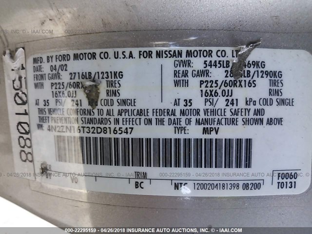 4N2ZN16T32D816547 - 2002 NISSAN QUEST SE SILVER photo 9