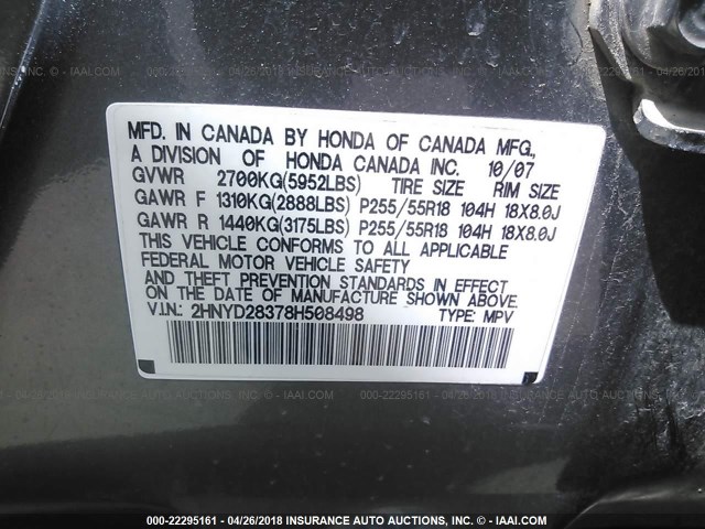 2HNYD28378H508498 - 2008 ACURA MDX TECHNOLOGY GRAY photo 9