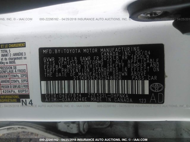 2T1KR32E25C348906 - 2005 TOYOTA COROLLA MATRIX XR WHITE photo 9