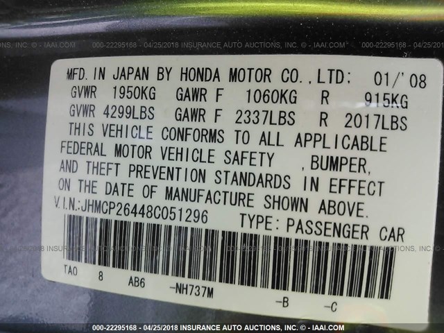 JHMCP26448C051296 - 2008 HONDA ACCORD LXP GRAY photo 9