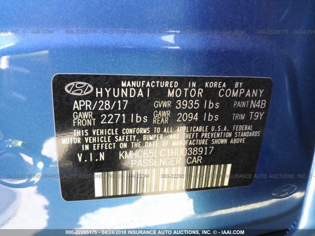 KMHC65LC1HU038917 - 2017 HYUNDAI IONIQ BLUE BLUE photo 9