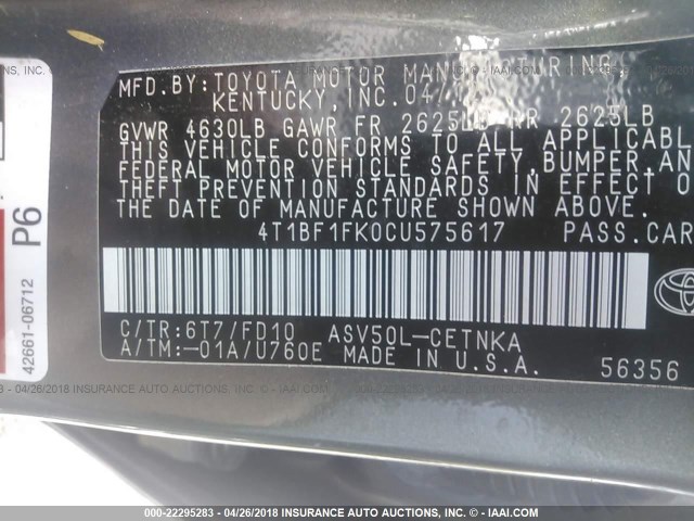 4T1BF1FK0CU575617 - 2012 TOYOTA CAMRY SE/LE/XLE 绿色 照片 9