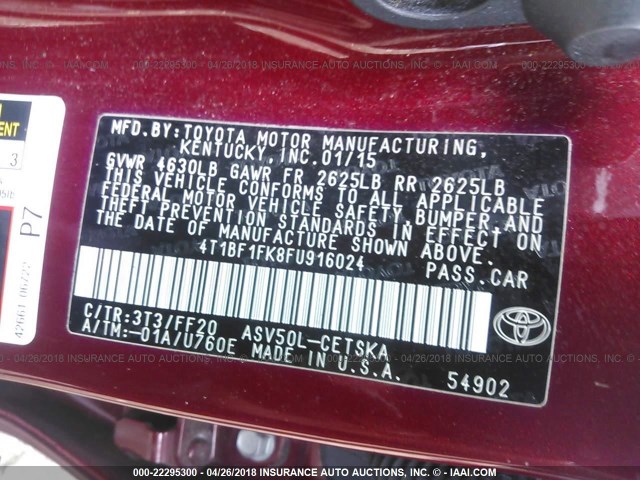 4T1BF1FK8FU916024 - 2015 TOYOTA CAMRY LE/XLE/SE/XSE RED photo 9