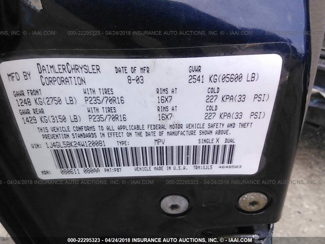 1J4GL58K24W120081 - 2004 JEEP LIBERTY LIMITED BLUE photo 9