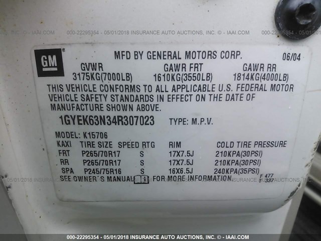 1GYEK63N34R307023 - 2004 CADILLAC ESCALADE LUXURY თეთრი ფოტო 9