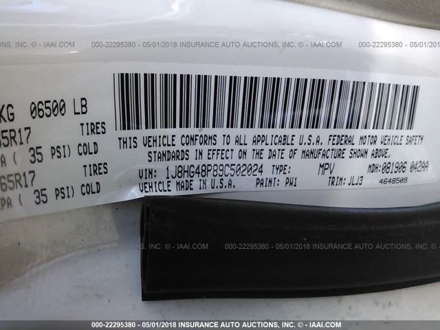 1J8HG48P89C502024 - 2009 JEEP COMMANDER SPORT თეთრი ფოტო 9