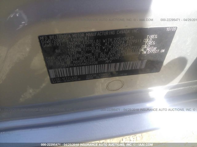 2T3YK4DV6AW004206 - 2010 TOYOTA RAV4 LIMITED SILVER photo 9