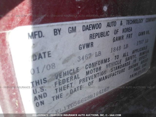 KL1TD56628B196167 - 2008 CHEVROLET AVEO LS RED photo 9