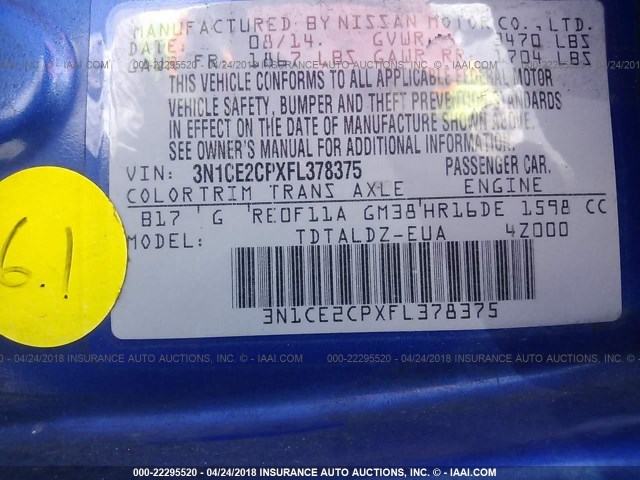 3N1CE2CPXFL378375 - 2015 NISSAN VERSA NOTE S/S PLUS/SV/SL/SR BLUE photo 9