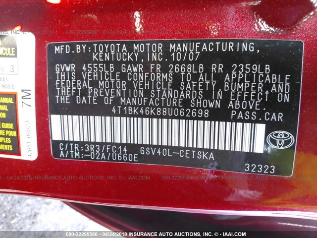 4T1BK46K88U062698 - 2008 TOYOTA CAMRY LE/XLE/SE წითელი ფოტო 9