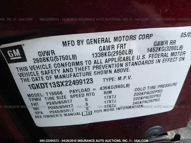 1GKDT13SX22499123 - 2002 GMC ENVOY RED photo 9