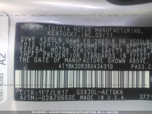 4T1BK3DB3BU434310 - 2011 TOYOTA AVALON LIMITED SILVER photo 9