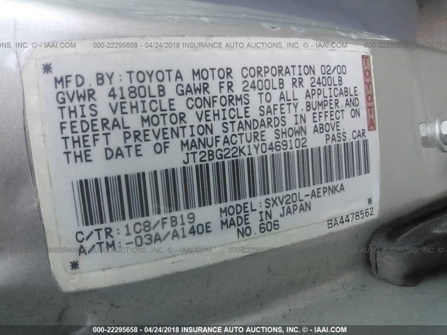 JT2BG22K1Y0469102 - 2000 TOYOTA CAMRY CE/LE/XLE 银色 照片 9