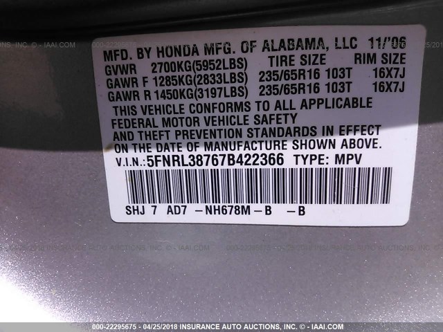 5FNRL38767B422366 - 2007 HONDA ODYSSEY EXL SILVER photo 9