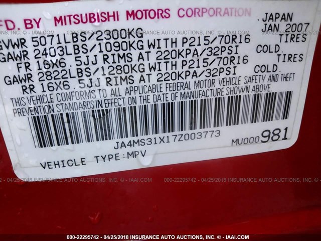 JA4MS31X17Z003773 - 2007 MITSUBISHI OUTLANDER ES/LS Qırmızı foto 9