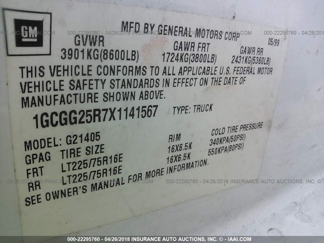 1GCGG25R7X1141567 - 1999 CHEVROLET EXPRESS G2500  WHITE photo 9