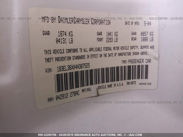 1B3EL36XX4N387525 - 2004 DODGE STRATUS SE WHITE photo 9