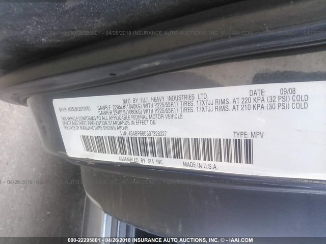 4S4BP66C397328327 - 2009 SUBARU OUTBACK 2.5I LIMITED GRAY photo 9