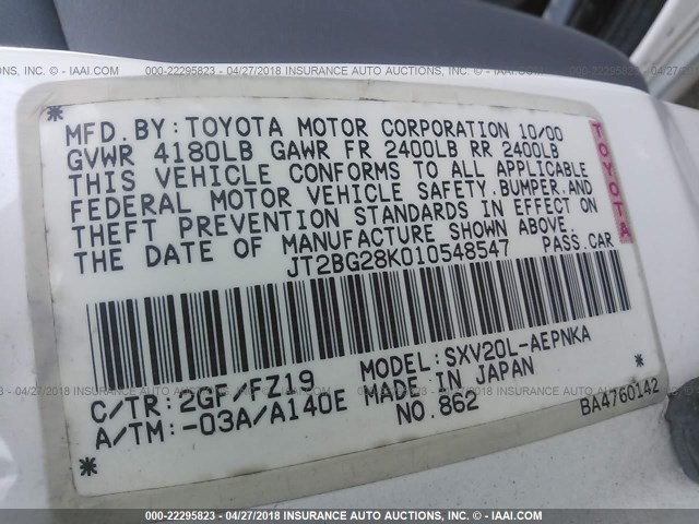JT2BG28K010548547 - 2001 TOYOTA CAMRY LE/XLE WHITE photo 9