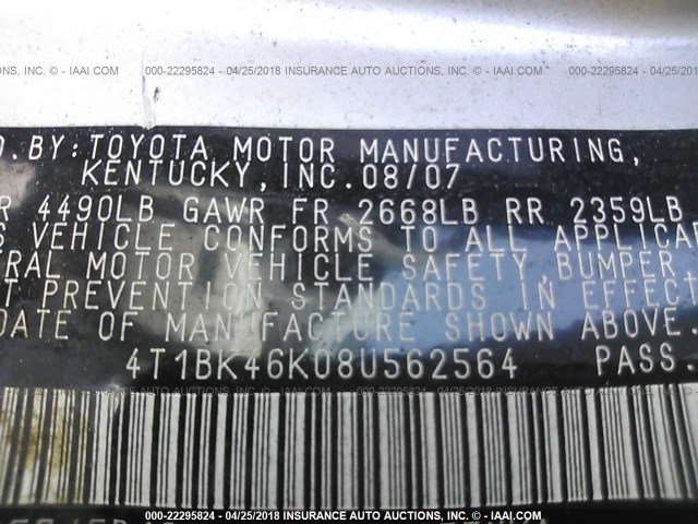 4T1BK46K08U562564 - 2008 TOYOTA CAMRY LE/XLE/SE 银色 照片 9