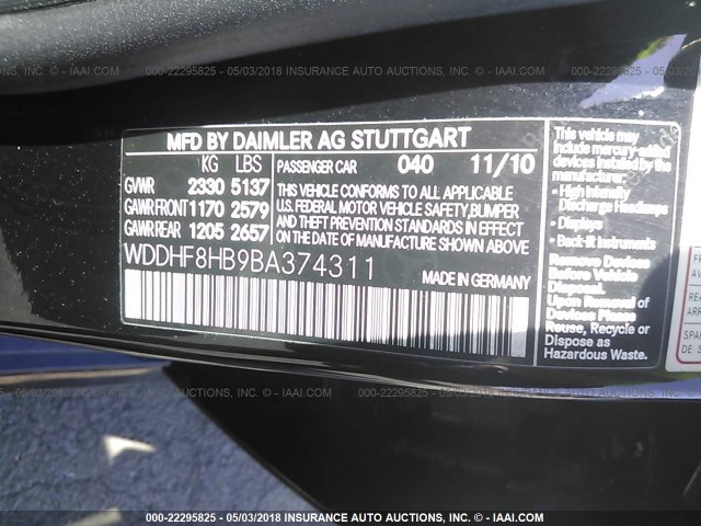 WDDHF8HB9BA374311 - 2011 MERCEDES-BENZ E 350 4MATIC BLACK photo 9