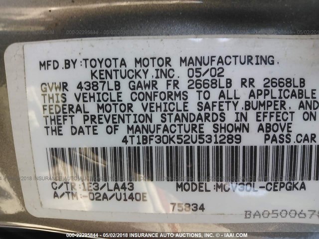 4T1BF30K52U531289 - 2002 TOYOTA CAMRY LE/XLE/SE 灰色 照片 9