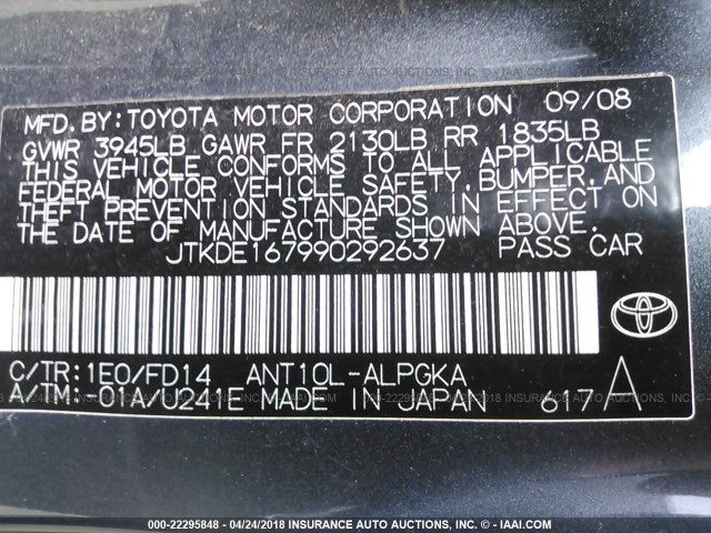 JTKDE167990292637 - 2009 TOYOTA SCION TC ნაცრისფერი ფოტო 9