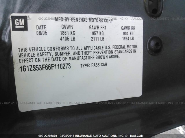 1G1ZS53F66F110273 - 2006 CHEVROLET MALIBU LS 灰色 照片 9