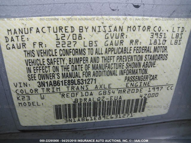 3N1AB61E89L631271 - 2009 NISSAN SENTRA 2.0/2.0S/2.0SL SILVER photo 9