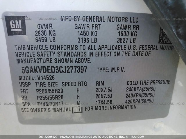 5GAKVDED3CJ277397 - 2012 BUICK ENCLAVE WHITE photo 9