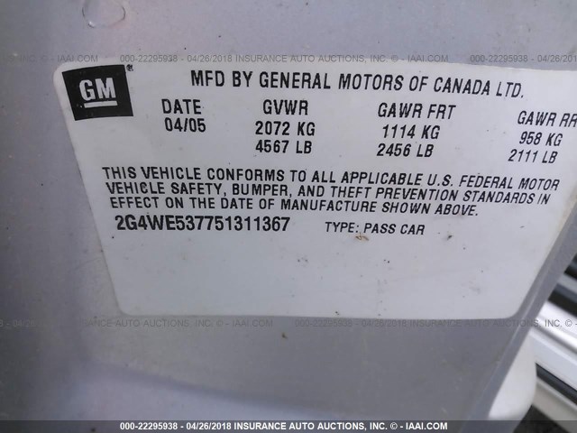 2G4WE537751311367 - 2005 BUICK LACROSSE CXS SILVER photo 9