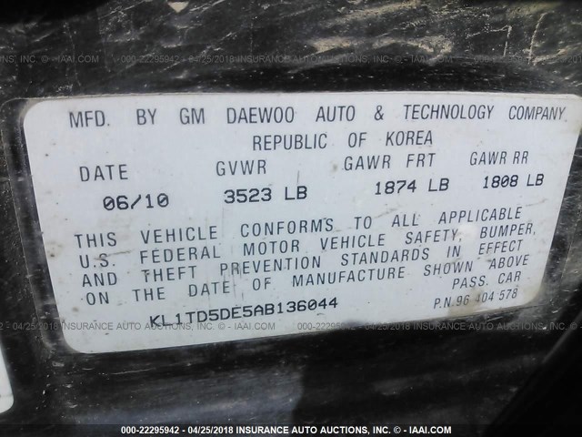 KL1TD5DE5AB136044 - 2010 CHEVROLET AVEO LS/LT 黑色 照片 9