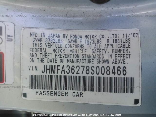 JHMFA36278S008466 - 2008 HONDA CIVIC HYBRID BLUE photo 9