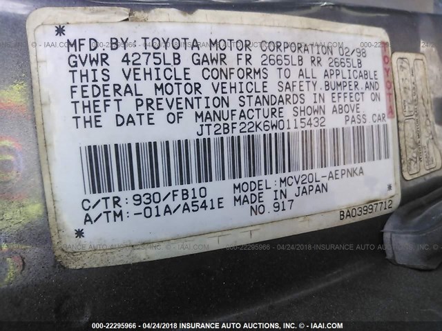 JT2BF22K6W0115432 - 1998 TOYOTA CAMRY CE/LE/XLE GRAY photo 9