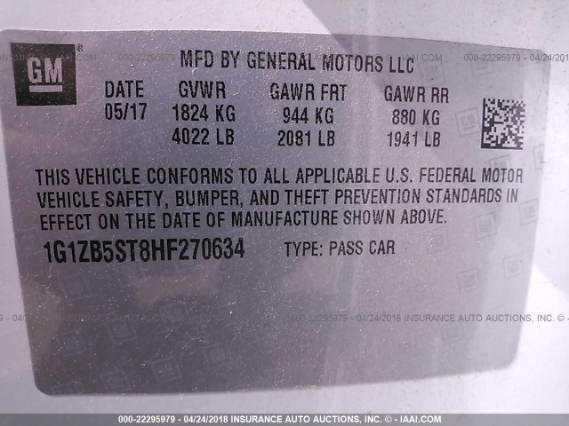 1G1ZB5ST8HF270634 - 2017 CHEVROLET MALIBU LS 白色 照片 9