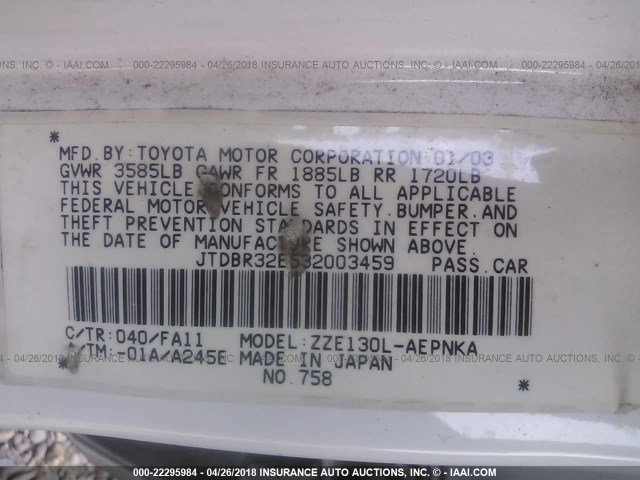 JTDBR32E532003459 - 2003 TOYOTA COROLLA CE/LE WHITE photo 9