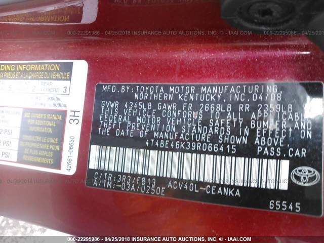 4T4BE46K39R066415 - 2009 TOYOTA CAMRY SE/LE/XLE 红色 照片 9
